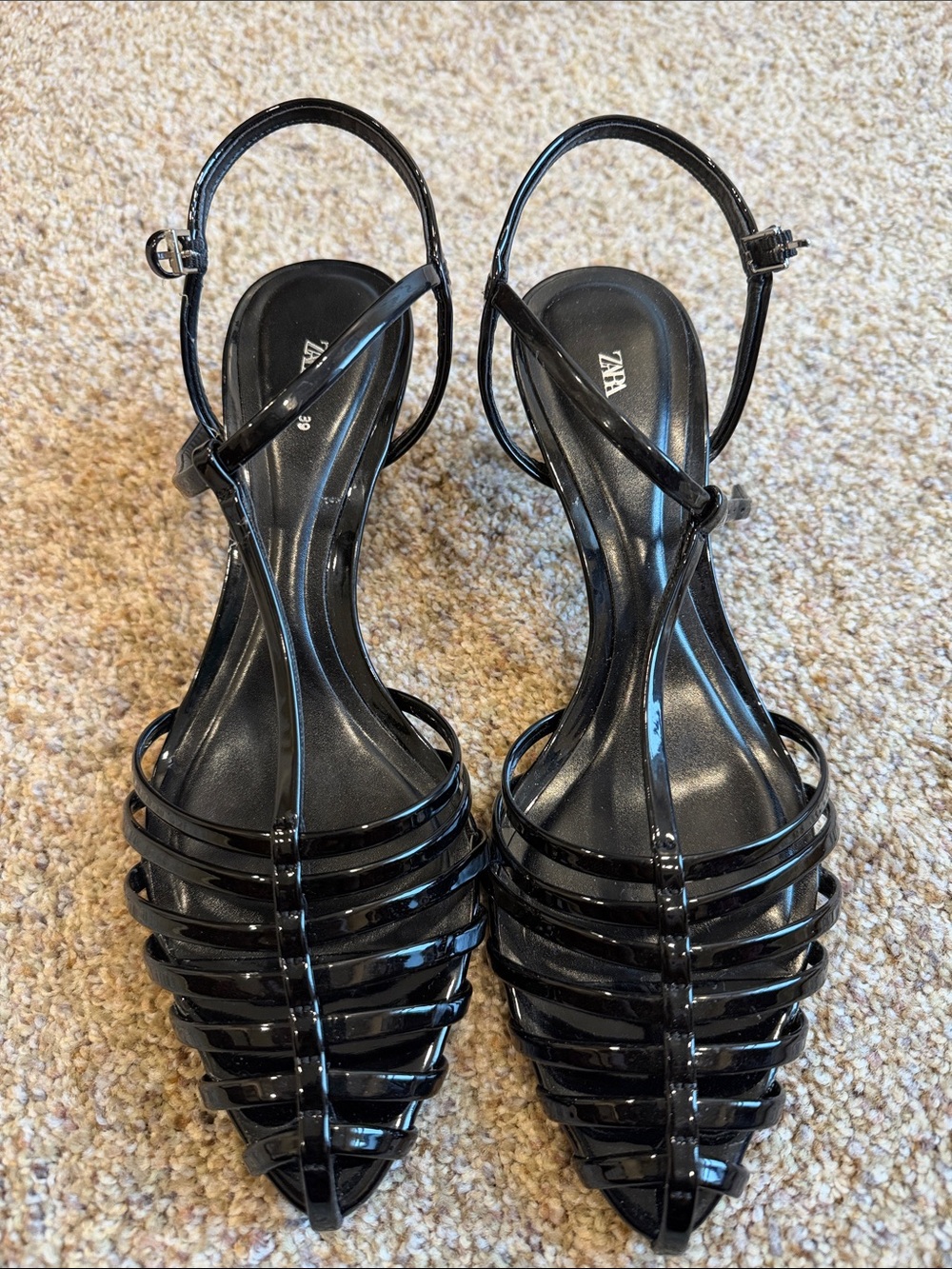 Zara Black Patent Strappy Pointed Slingback Sandals